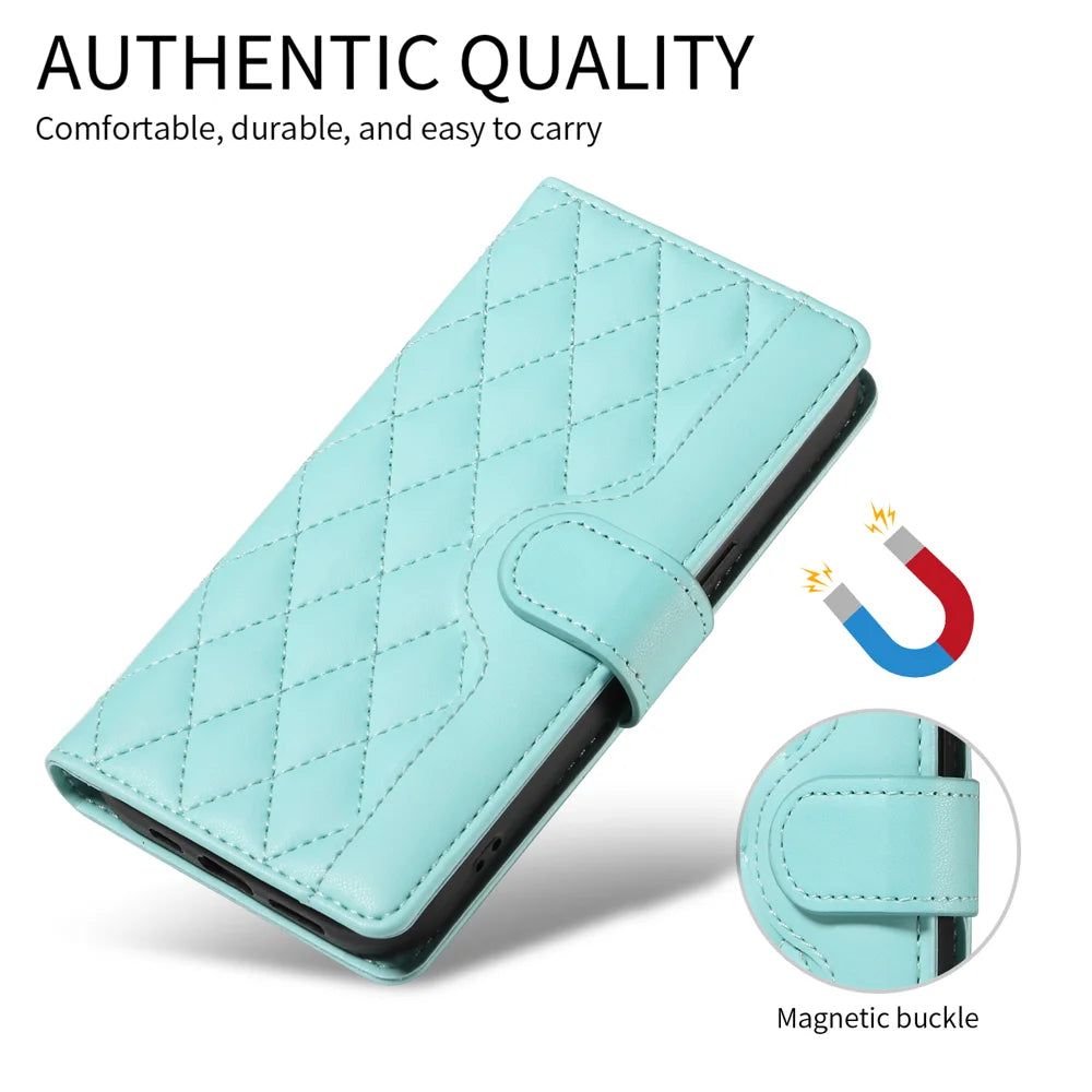 For Sony Xperia 10 VII Wallet Case Rhombus Leather Phone Cover with Strap - Green - 6