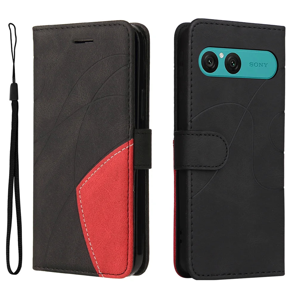 For Sony Xperia 10 VII Leather Phone Case Stand Wallet with Bi-colour Splicing Design - Black - 1