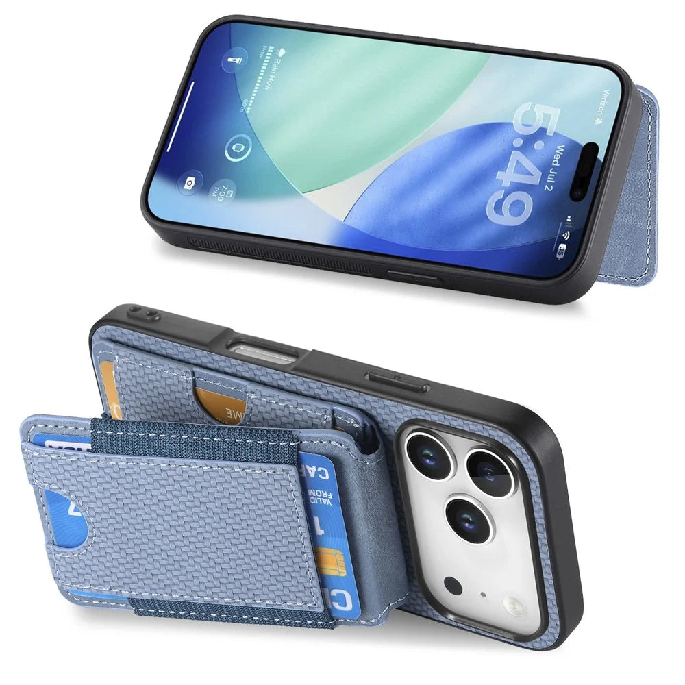 For iPhone 17 Pro Max Case with Card Holder Kickstand Leather Back Cover - Blue - 2