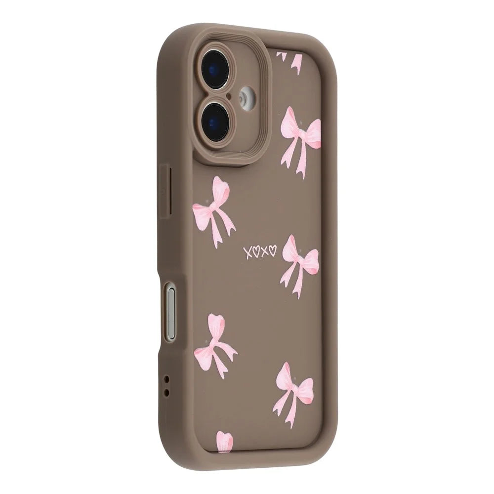 For iPhone 16 Plus Case Aesthetic Pattern Print TPU Shockproof Phone Cover - Bow / Brown - 1
