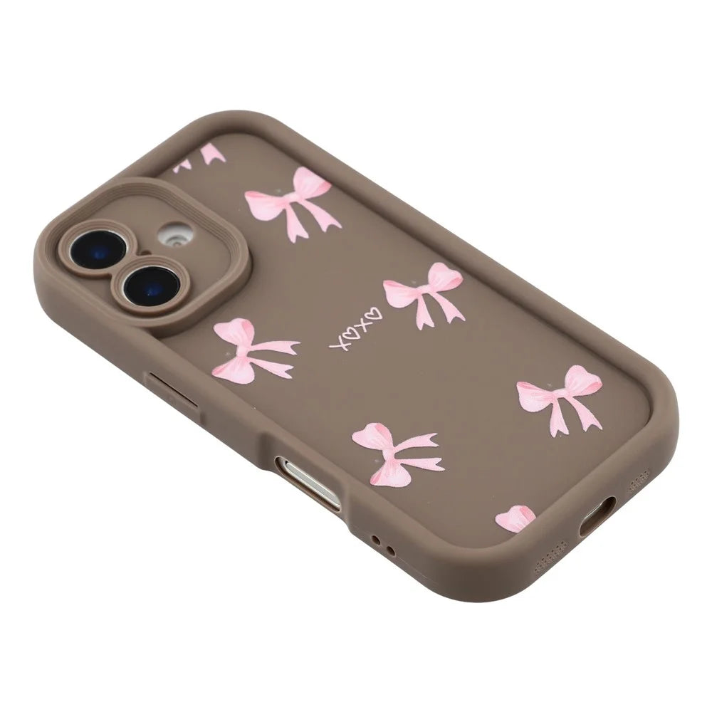 For iPhone 16 Plus Case Aesthetic Pattern Print TPU Shockproof Phone Cover - Bow / Brown - 4