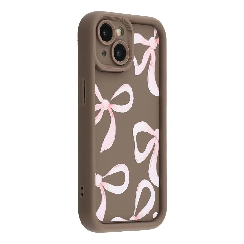For iPhone 15 Case Aesthetic Pattern Print TPU Shockproof Phone Cover - Big Bow / Brown - 1