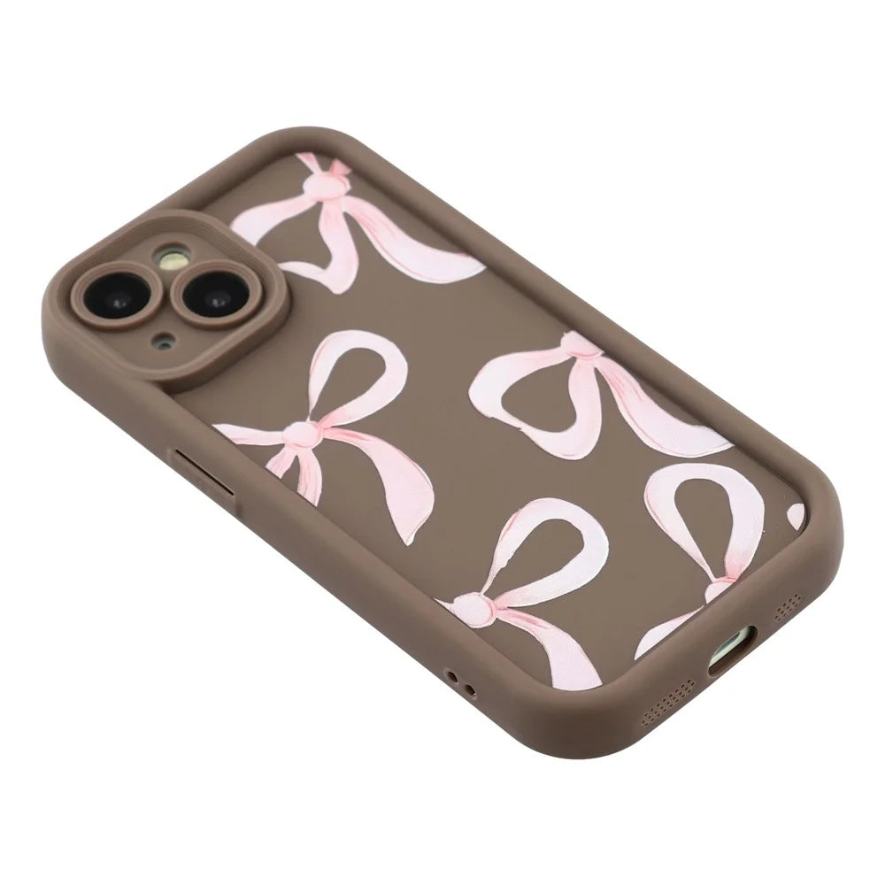 For iPhone 15 Plus Case Aesthetic Pattern Print TPU Shockproof Phone Cover - Big Bow / Brown - 4