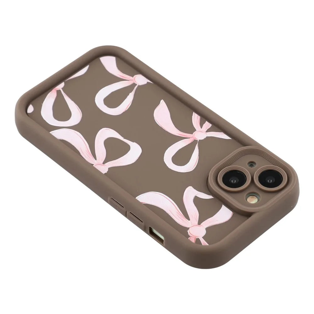 For iPhone 15 Plus Case Aesthetic Pattern Print TPU Shockproof Phone Cover - Big Bow / Brown - 5
