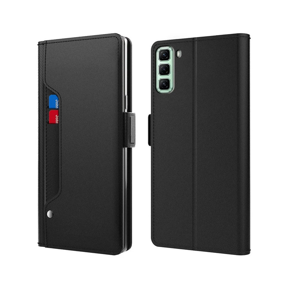 For Infinix Hot 60 Pro 4G Case Stand PU Leather Phone Cover Card Holder Mirror - Black - 1
