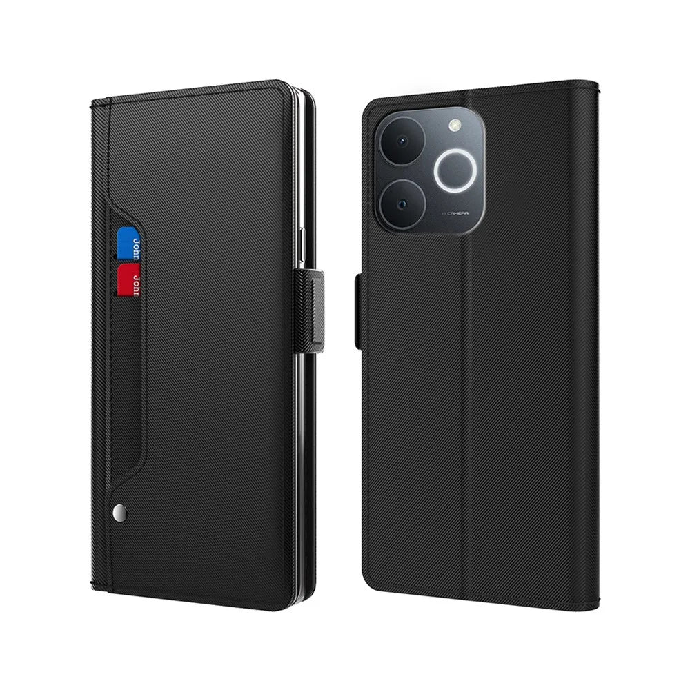 For Realme Note 70T 4G / Narzo 80 Lite 4G Case Stand PU Leather Phone Cover Card Holder Mirror - Black - 1