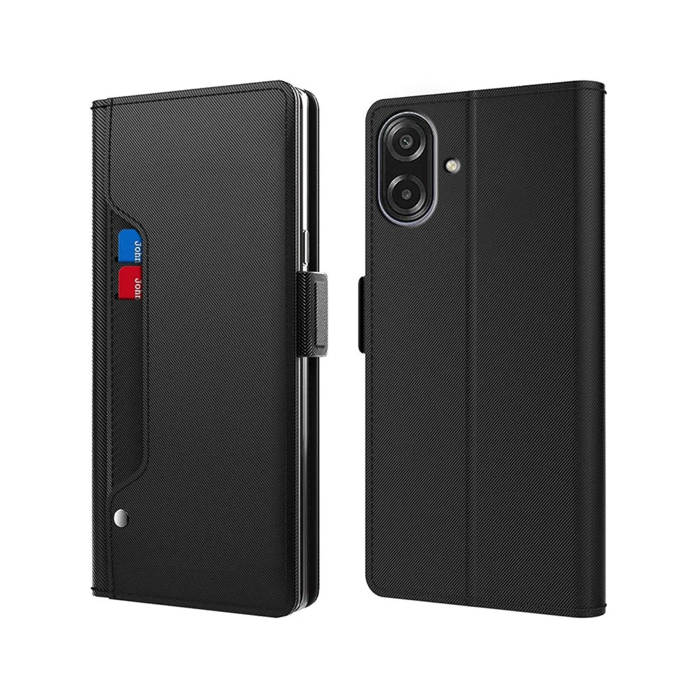 For Samsung Galaxy A08 5G / A08 4G / A07 4G Case Stand PU Leather Phone Cover Card Holder Mirror - Black - 1