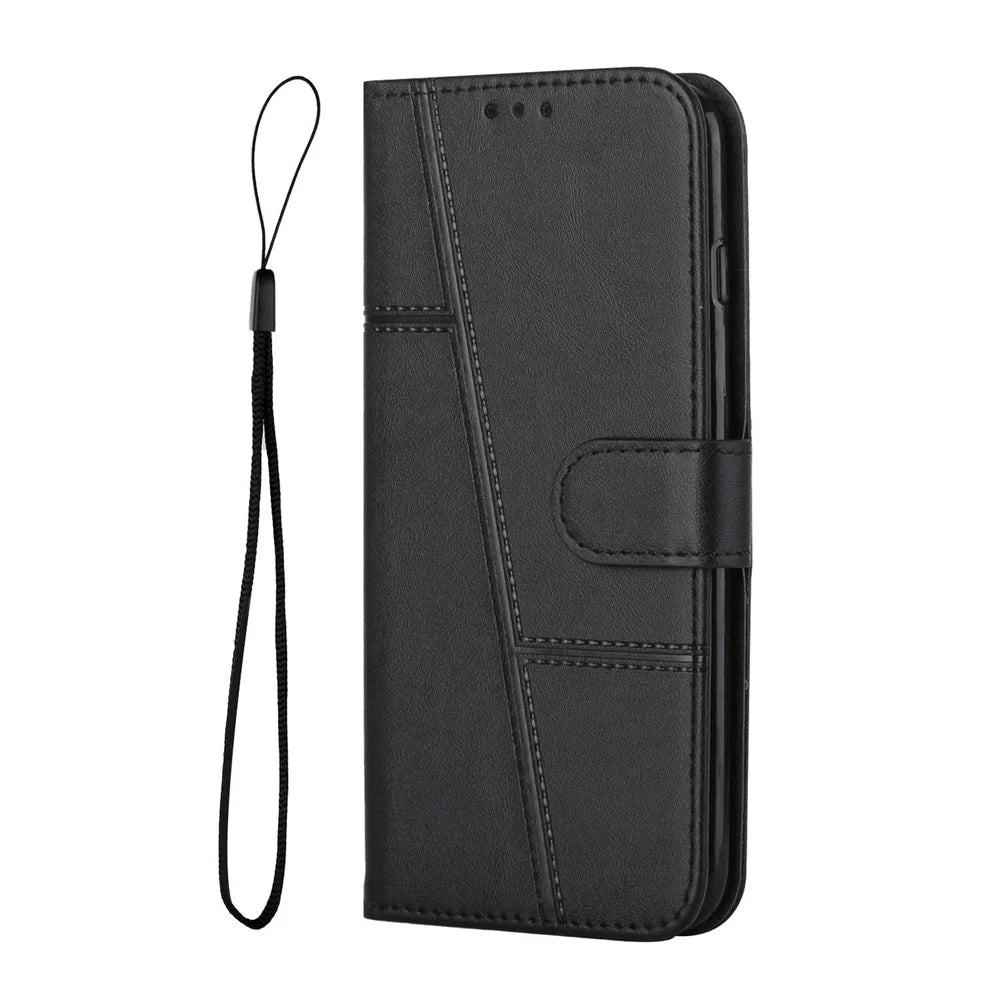 For Samsung Galaxy A14 5G / 4G Stitching PU Leather Magnetic Clasp Phone Case Wallet Viewing Stand Folio Flip Cover with Strap - Black - 2
