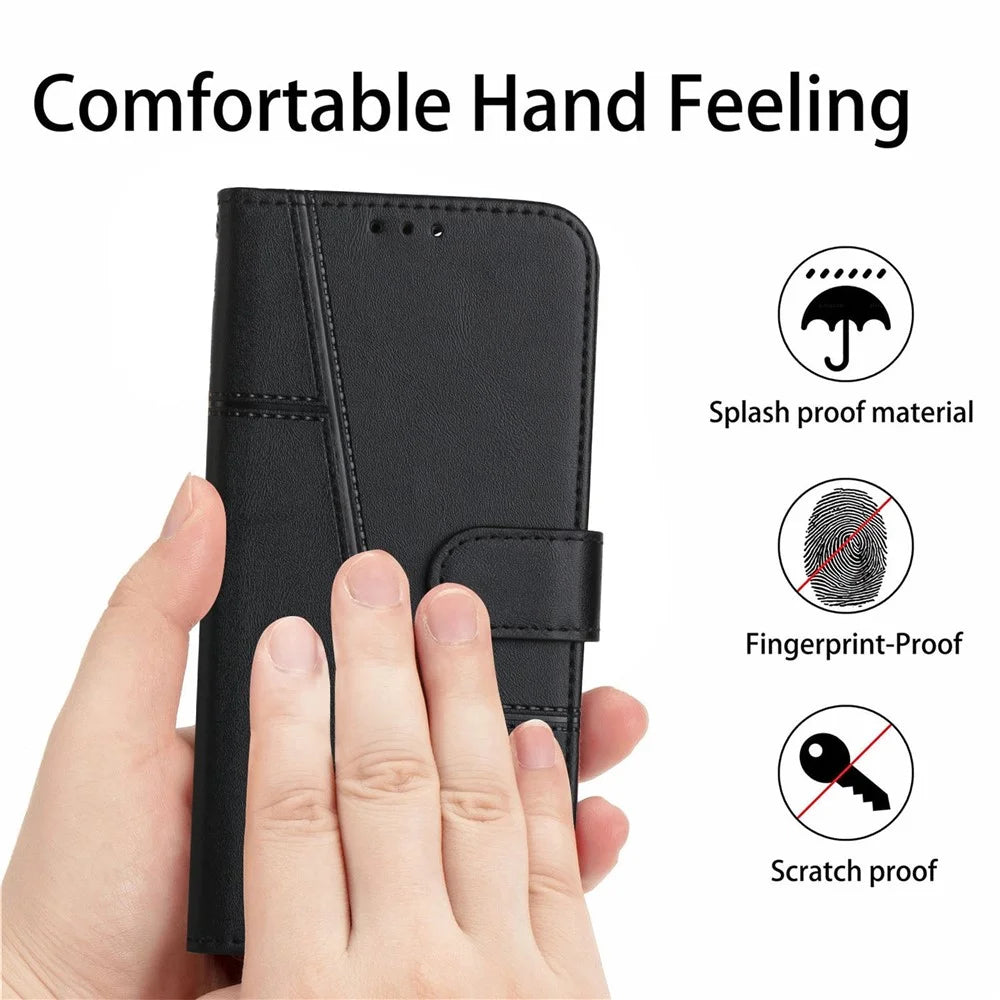 For Samsung Galaxy A14 5G / 4G Stitching PU Leather Magnetic Clasp Phone Case Wallet Viewing Stand Folio Flip Cover with Strap - Black - 5