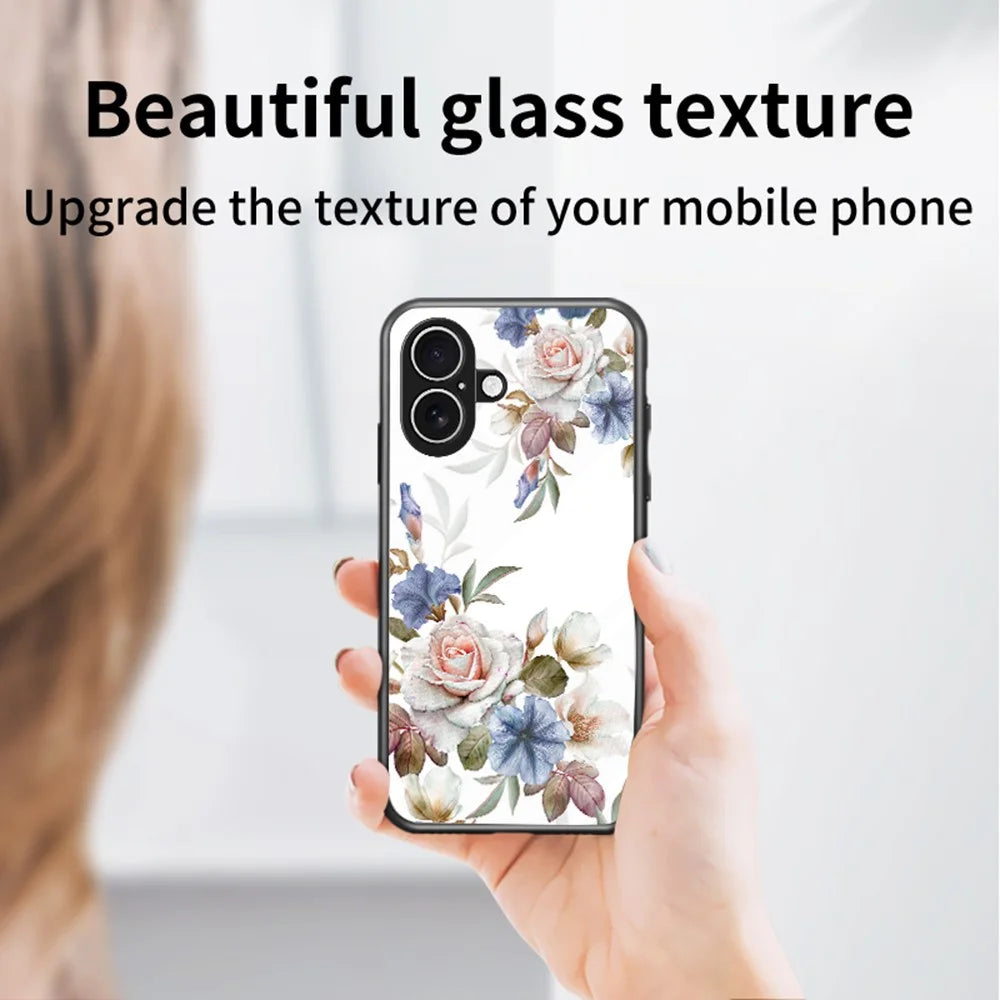 For iPhone 17 Case Floral Pattern TPU + Tempered Glass Protective Phone Cover - Black Flower Bush - 4