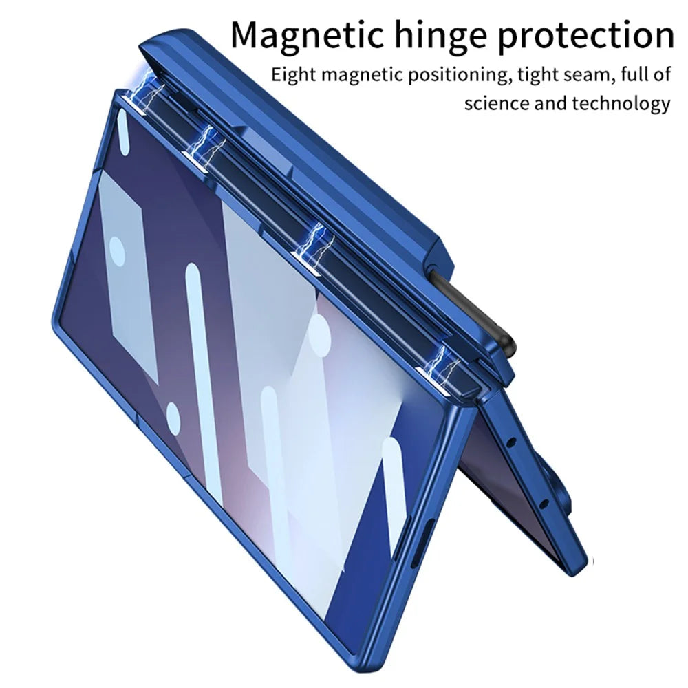 GKK For Samsung Galaxy Z Fold7 5G Case Magnetic Hinge Hard PC Phone Case with Hand Strap / Tempered Glass Film - Carbon Fiber Texture - 6