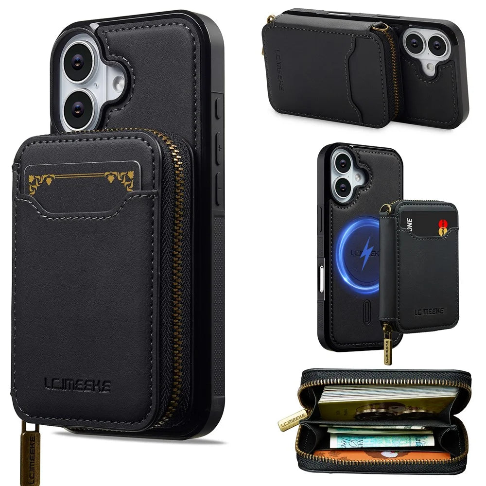 LC.IMEEKE L6 For iPhone 17 Magnetic Case Detachable Zipper Wallet Leather Coated PC + TPU Phone Cover - Black - 1