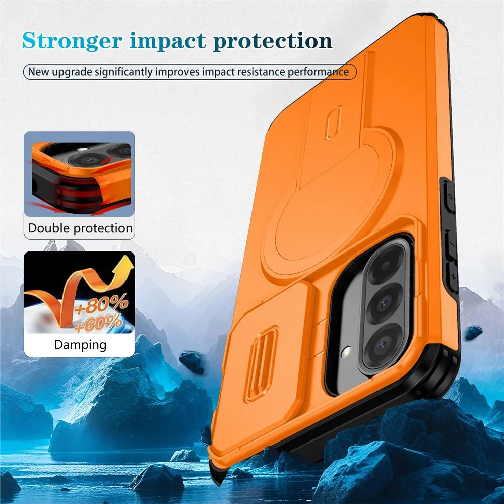 For Samsung Galaxy A37 5G / A56 5G / A36 5G Case Kickstand Camera Slider PC + TPU Phone Cover Magnetic Case - Orange - 2