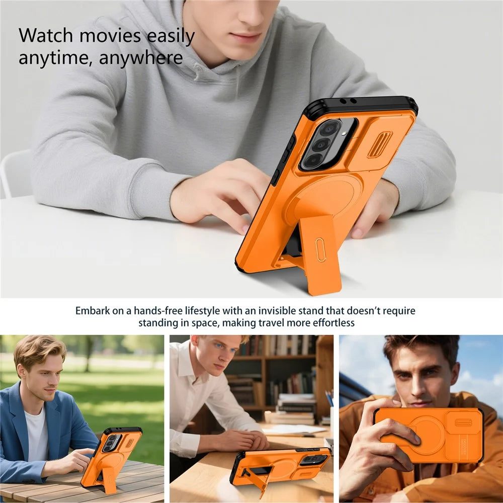 For Samsung Galaxy A37 5G / A56 5G / A36 5G Case Kickstand Camera Slider PC + TPU Phone Cover Magnetic Case - Orange - 5