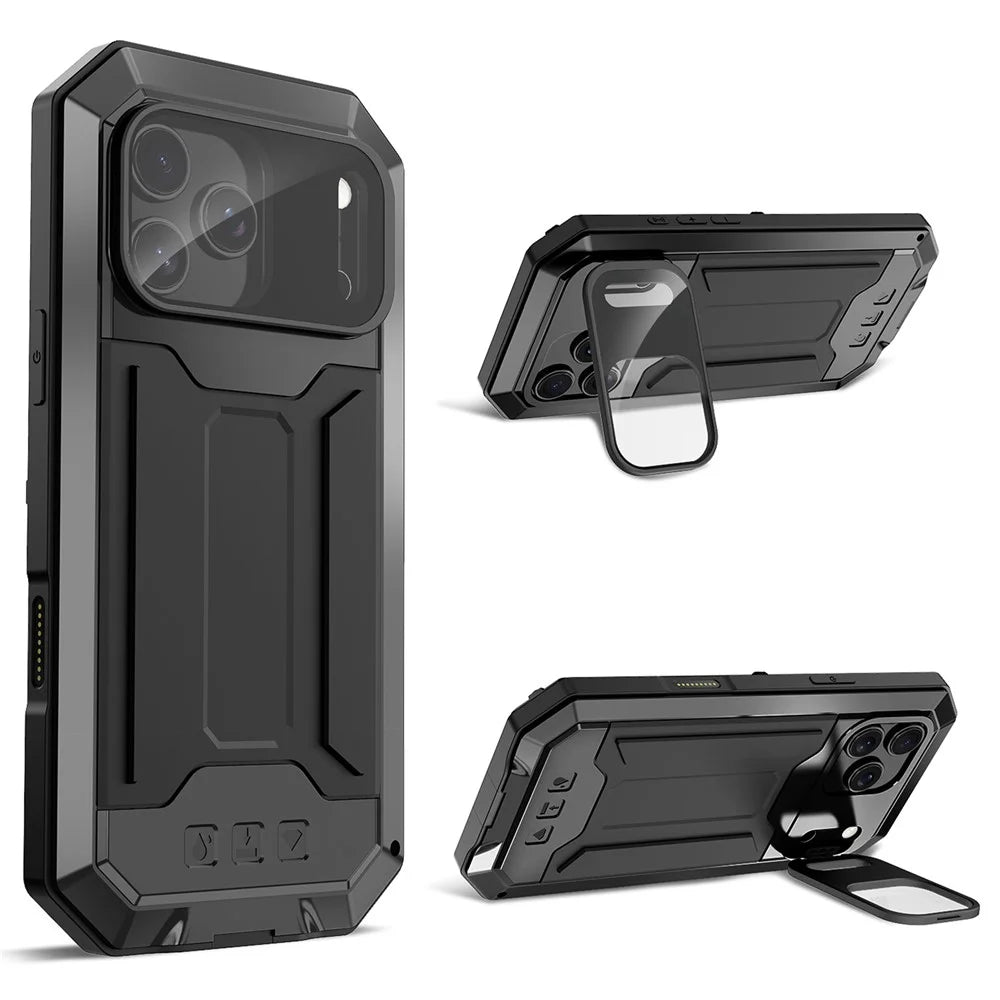 R-JUST For iPhone 17 Pro Max Case PC + Silicone + Metal Back Cover with Tempered Glass Film - Black - 1