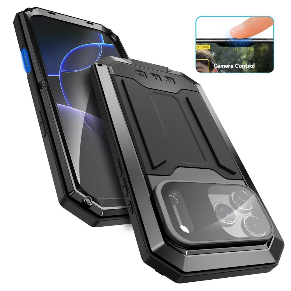 R-JUST For iPhone 17 Pro Max Case PC + Silicone + Metal Back Cover with Tempered Glass Film - Black - 2
