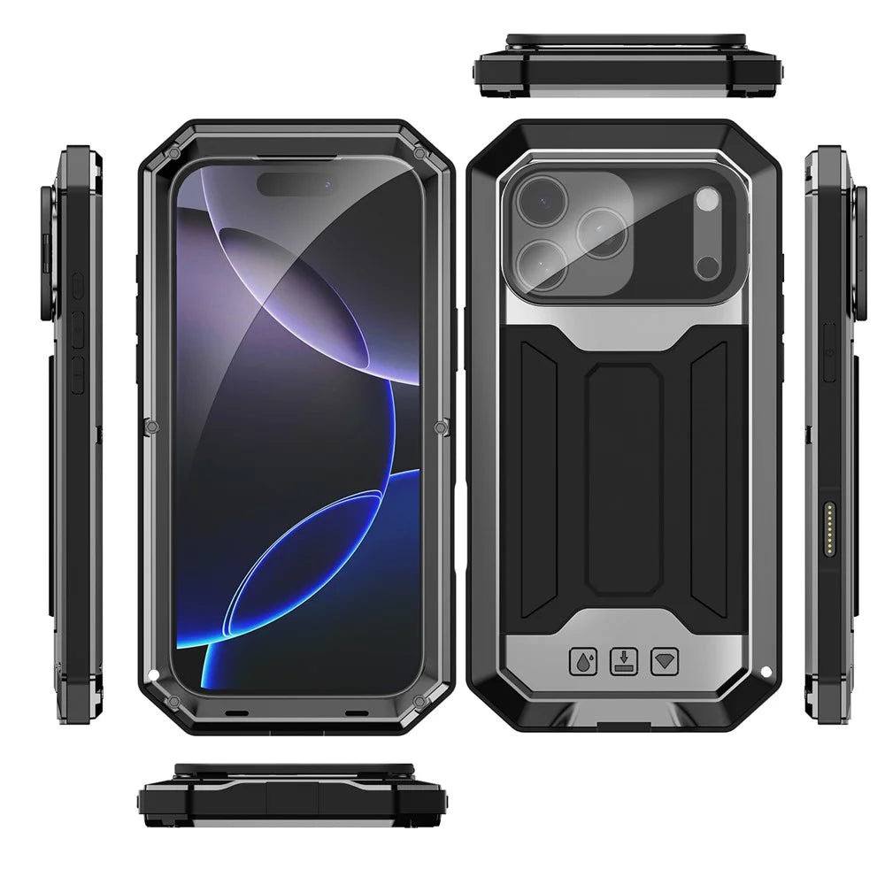 R-JUST For iPhone 17 Pro Max Case PC + Silicone + Metal Back Cover with Tempered Glass Film - Black - 3