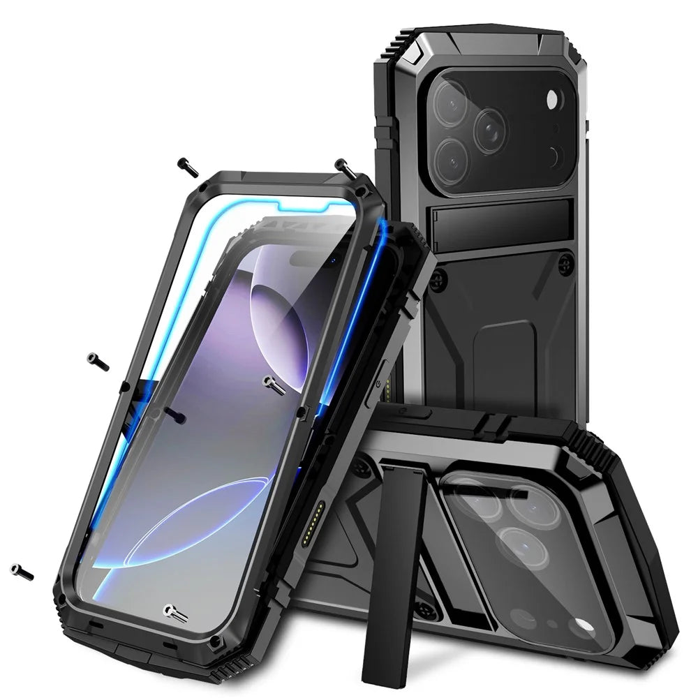R-JUST For iPhone 17 Pro Case PC + Silicone + Metal Kickstand Phone Cover with Tempered Glass Film - Black - 1