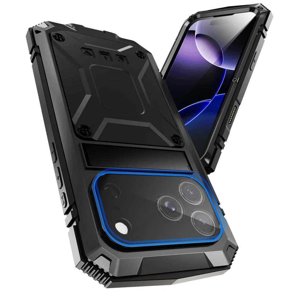 R-JUST For iPhone 17 Pro Case PC + Silicone + Metal Kickstand Phone Cover with Tempered Glass Film - Black - 2