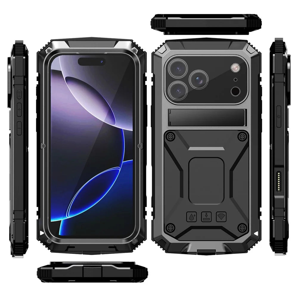 R-JUST For iPhone 17 Pro Case PC + Silicone + Metal Kickstand Phone Cover with Tempered Glass Film - Black - 3