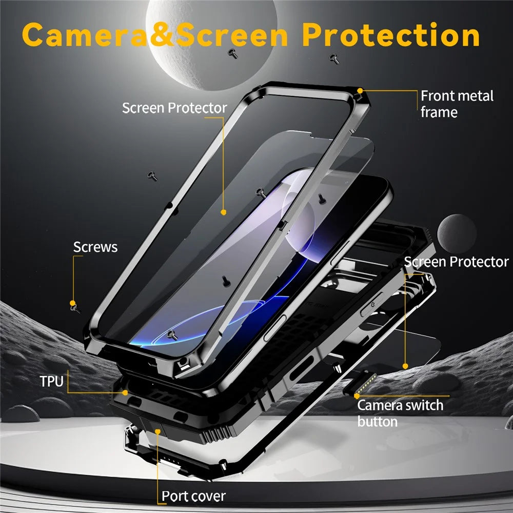 R-JUST For iPhone 17 Pro Case PC + Silicone + Metal Kickstand Phone Cover with Tempered Glass Film - Black - 5