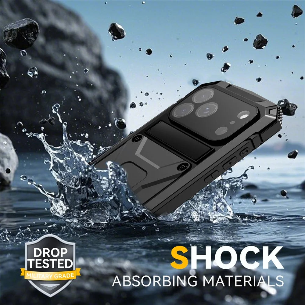 R-JUST For iPhone 17 Pro Case PC + Silicone + Metal Kickstand Phone Cover with Tempered Glass Film - Black - 7