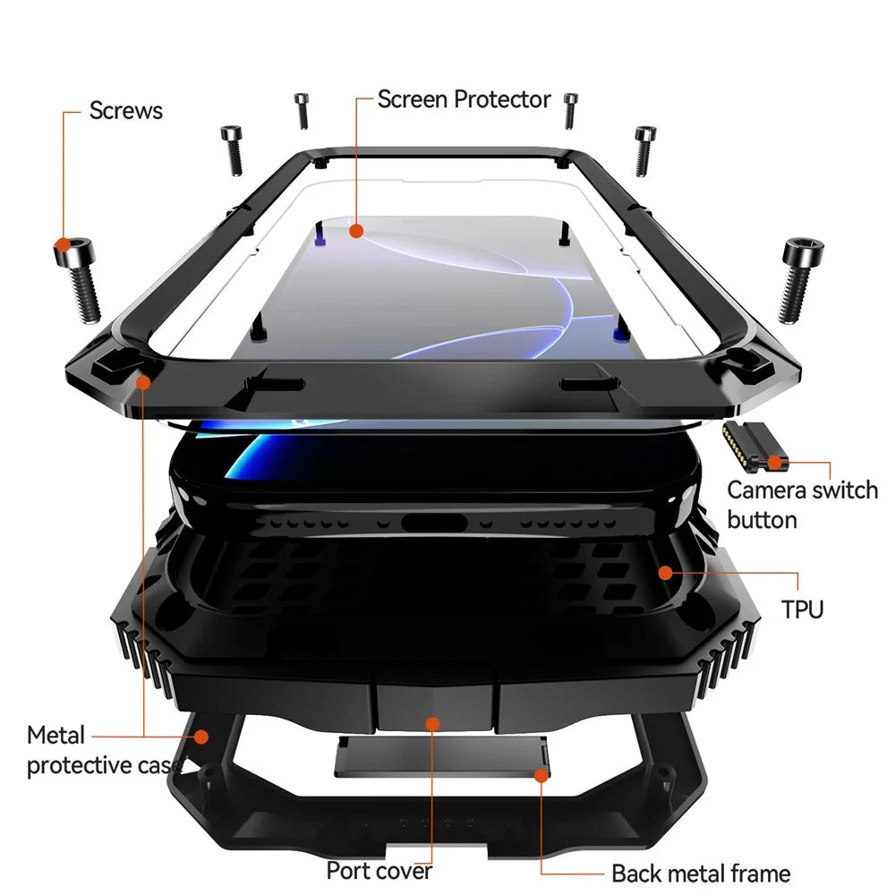 R-JUST For iPhone 17 Pro Max Case PC + Silicone + Metal Kickstand Phone Cover with Tempered Glass Film - Black - 6
