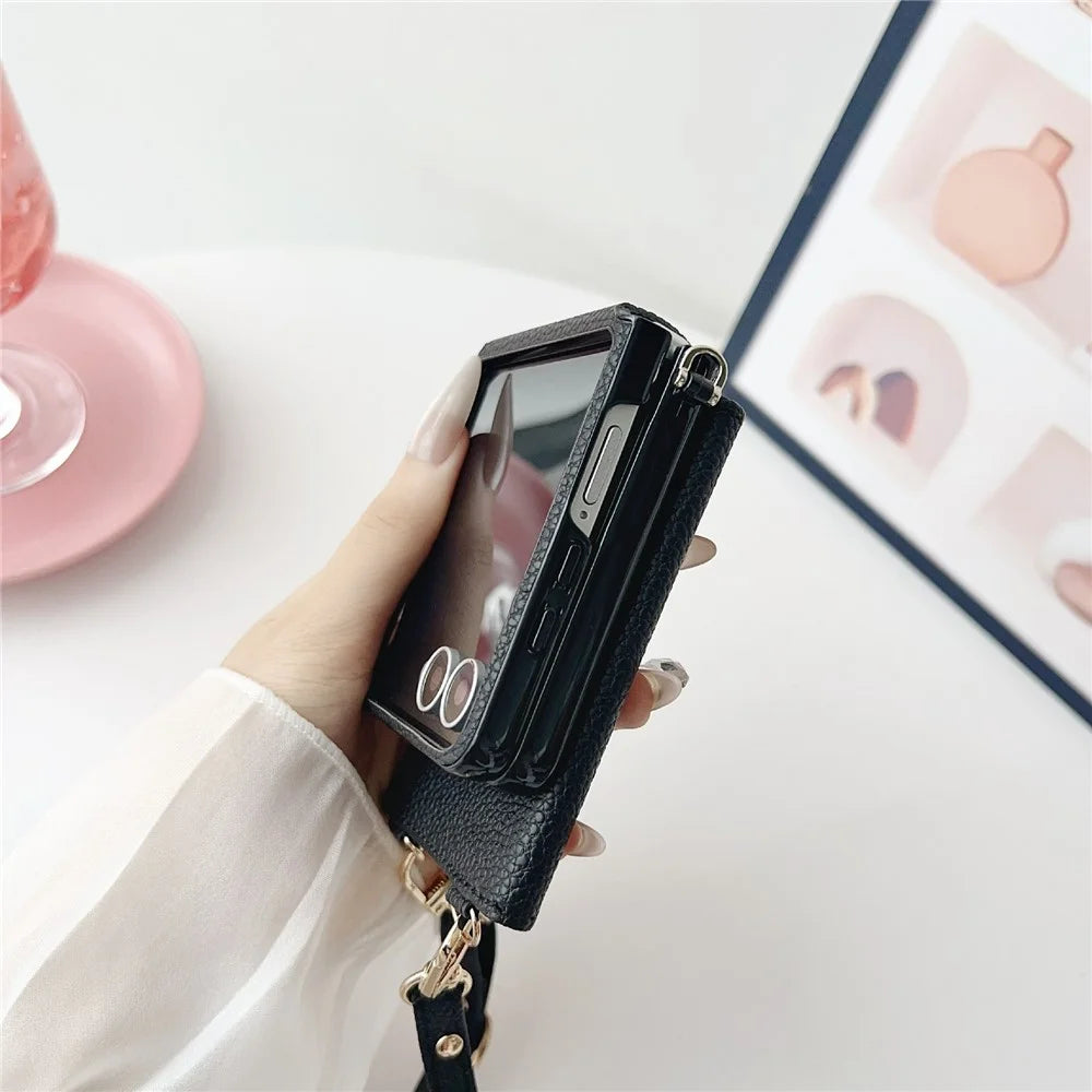 For Samsung Galaxy Z Flip7 5G Case Card Holder Litchi Texture Leather Phone Cover with Shoulder Strap - White - 5