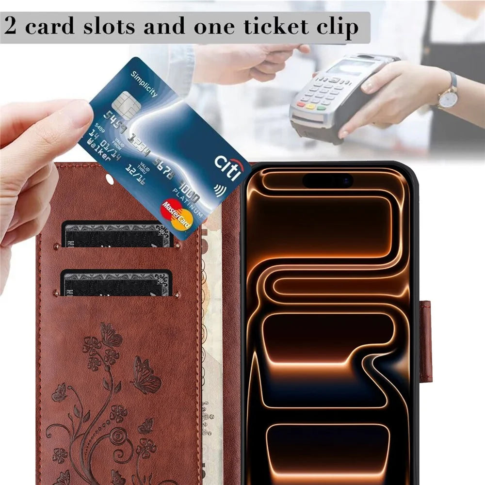 For iPhone 17 Pro Case Imprinted Mini Butterfly Leather Wallet Phone Cover - Brown - 5