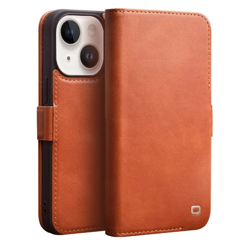 QIALINO For iPhone 14 Plus Anti-Drop Business Style Magnetic Closure Genuine Leather Flip Cover Wallet Stand Phone Case - Brown - 1