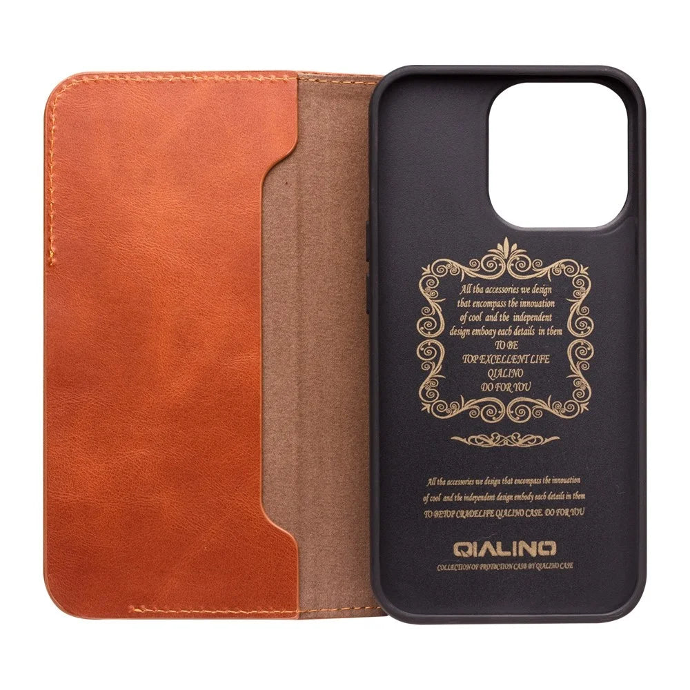 QIALINO For iPhone 14 Business Style Magnetic Closure Genuine Leather Flip Cover Wallet Stand Phone Case - Brown - 5