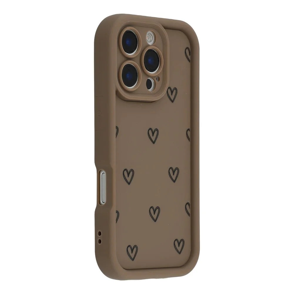 For iPhone 16 Pro Phone Case Heart Pattern TPU Shockproof Protective Cover - Brown - 1