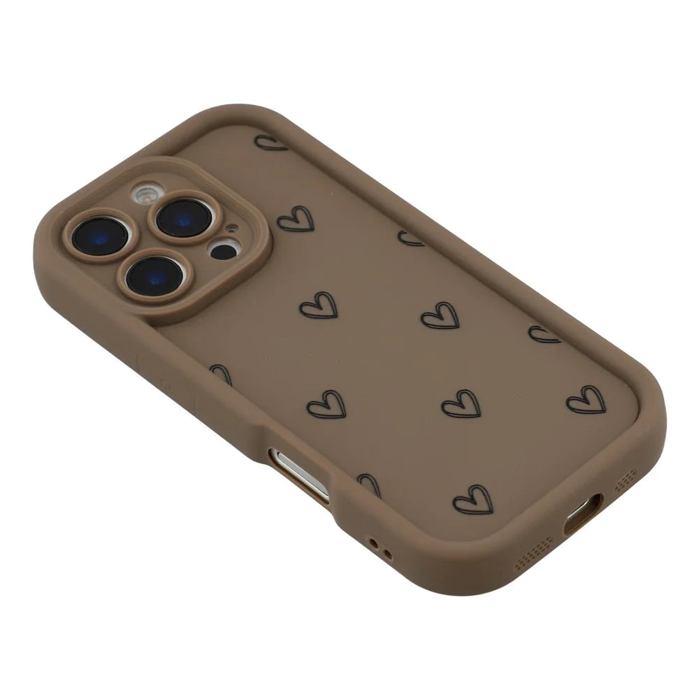 For iPhone 16 Pro Max Phone Case Heart Pattern TPU Shockproof Protective Cover - Brown - 4