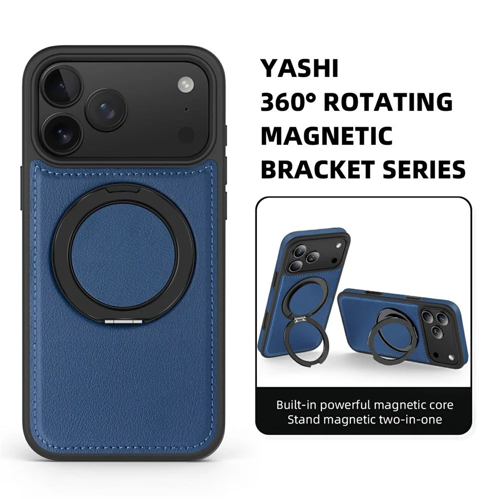 For iPhone 17 Pro Case with Ring Kickstand Compatible with MagSafe PU Leather Back Cover - Sapphire - 3