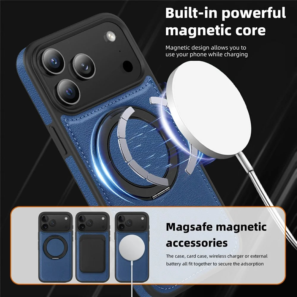 For iPhone 17 Pro Case with Ring Kickstand Compatible with MagSafe PU Leather Back Cover - Sapphire - 5