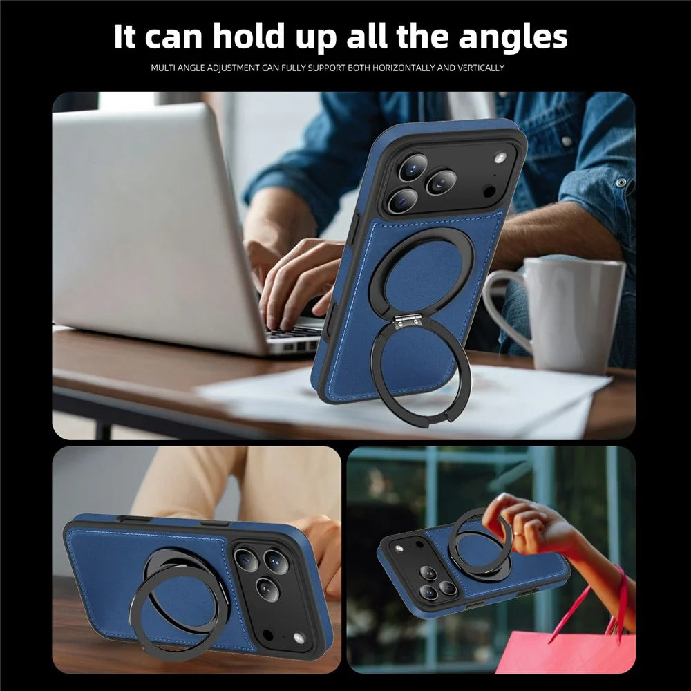 For iPhone 17 Pro Case with Ring Kickstand Compatible with MagSafe PU Leather Back Cover - Sapphire - 6