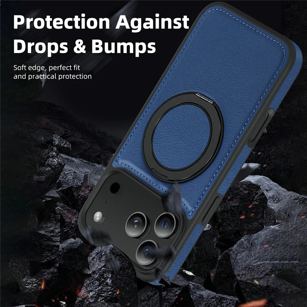For iPhone 17 Pro Case with Ring Kickstand Compatible with MagSafe PU Leather Back Cover - Sapphire - 7