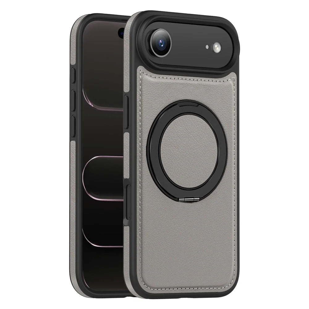 For iPhone Air Case with Ring Kickstand Compatible with MagSafe PU Leather Back Cover - Titanium Grey - 2