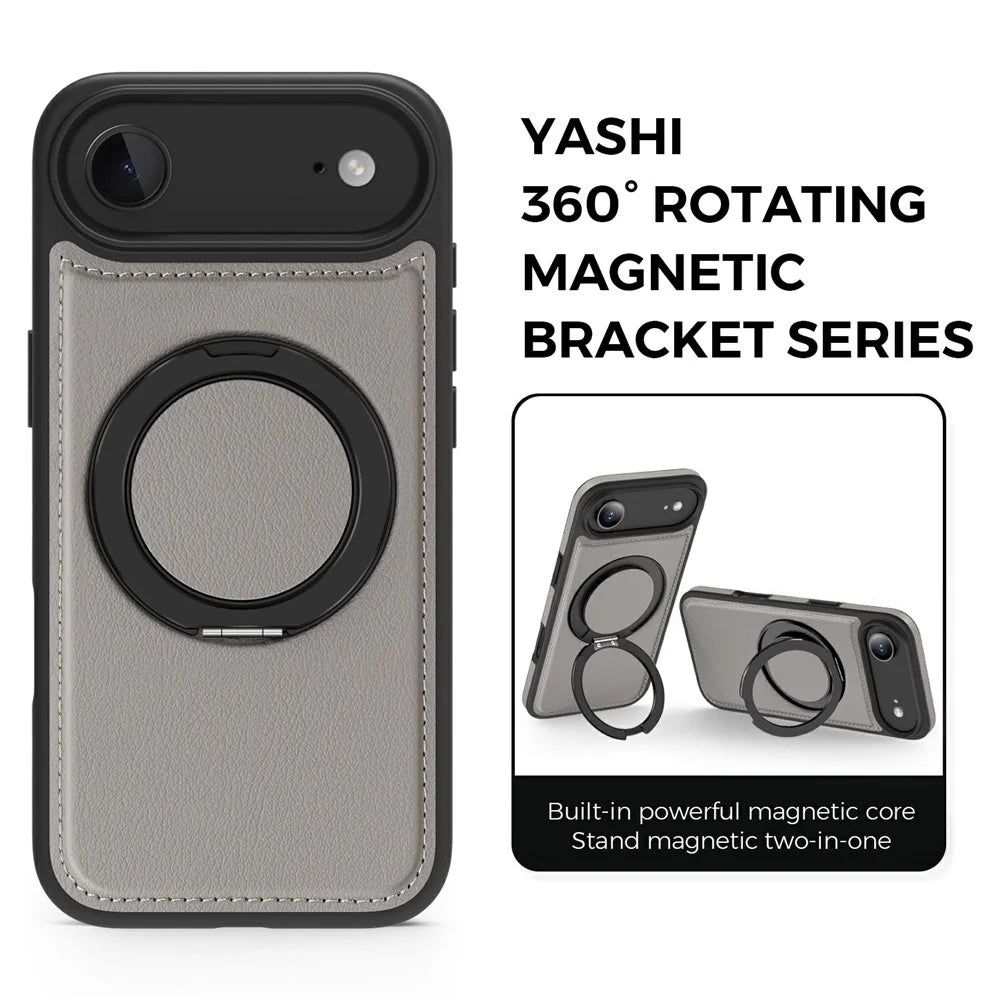 For iPhone Air Case with Ring Kickstand Compatible with MagSafe PU Leather Back Cover - Titanium Grey - 3