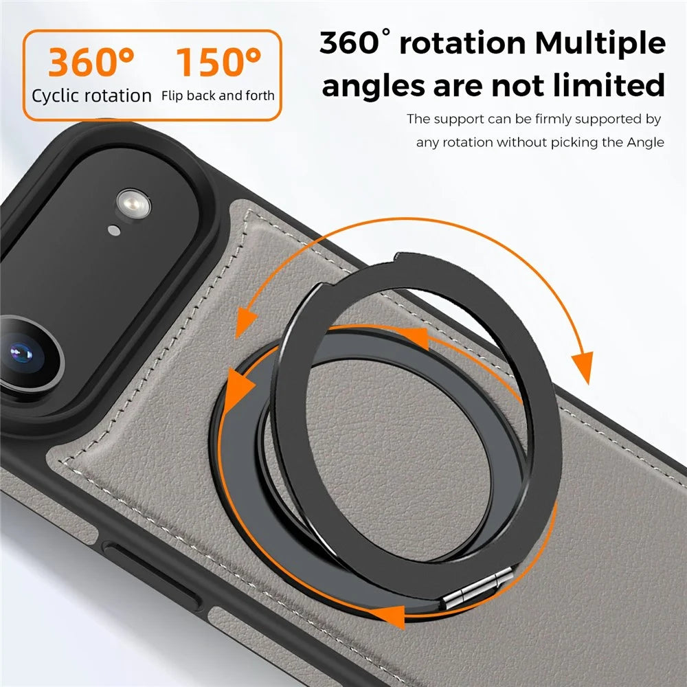 For iPhone Air Case with Ring Kickstand Compatible with MagSafe PU Leather Back Cover - Titanium Grey - 4