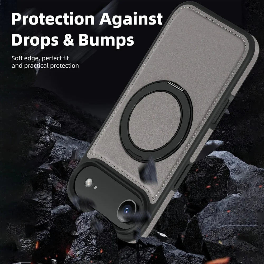 For iPhone Air Case with Ring Kickstand Compatible with MagSafe PU Leather Back Cover - Titanium Grey - 6