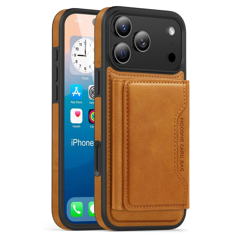 For iPhone 17 Pro Case Compatible with MagSafe Leather Back Phone Cover with Detachable Card Bag - Brown - 1