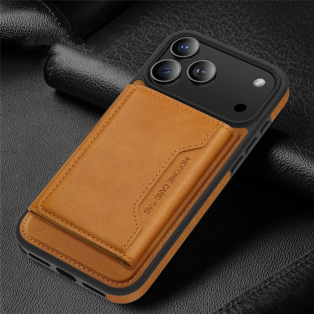 For iPhone 17 Pro Case Compatible with MagSafe Leather Back Phone Cover with Detachable Card Bag - Brown - 2