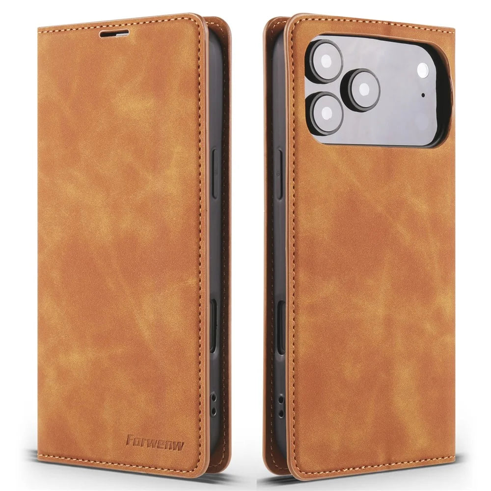 FORWENW For iPhone 17 Pro Wallet Case Magnetic Absorption Leather Flip Phone Cover with Stand - Brown - 1