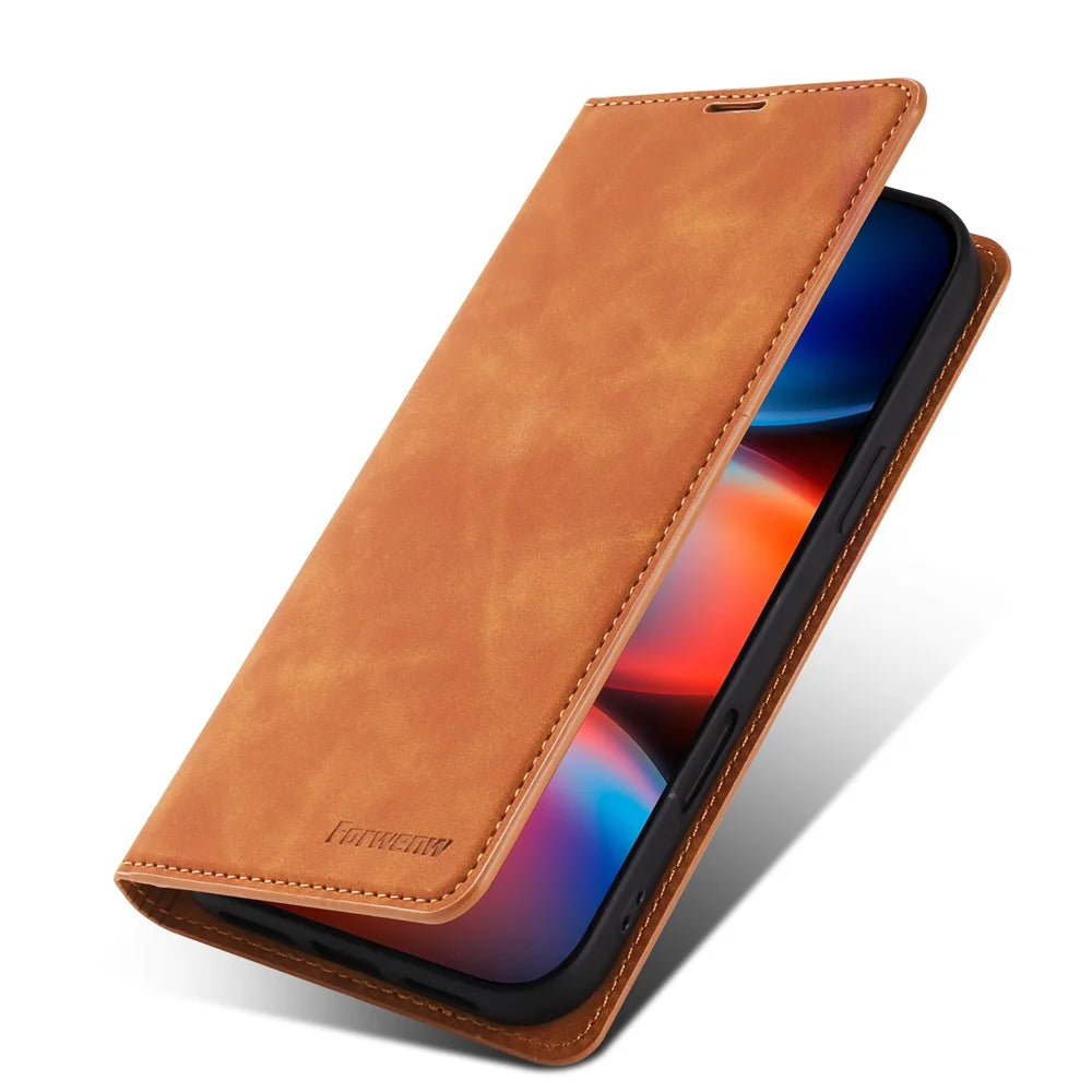 FORWENW For iPhone 17 Pro Wallet Case Magnetic Absorption Leather Flip Phone Cover with Stand - Brown - 4