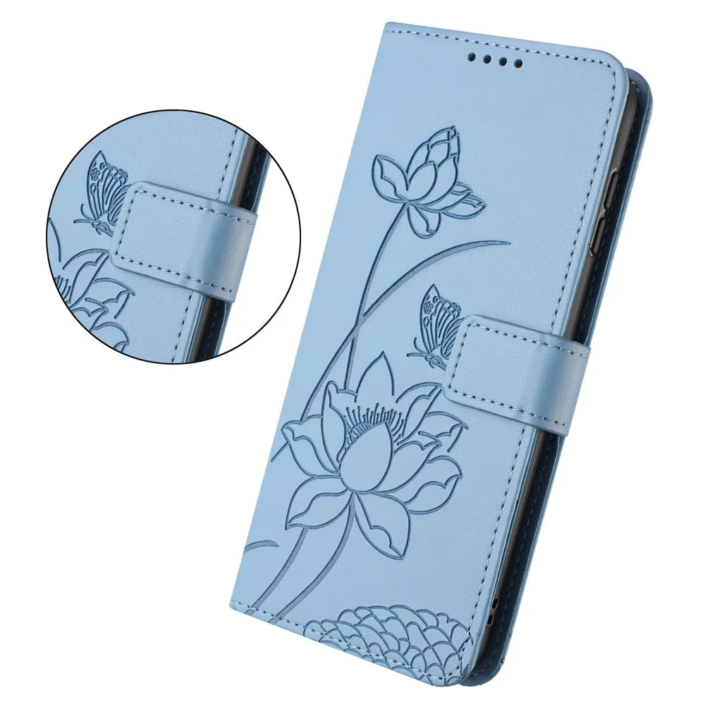 For Sony Xperia 1 VII Case Wallet Stand Lotus Imprint Leather Phone Cover with Wrist Strap - Blue - 2