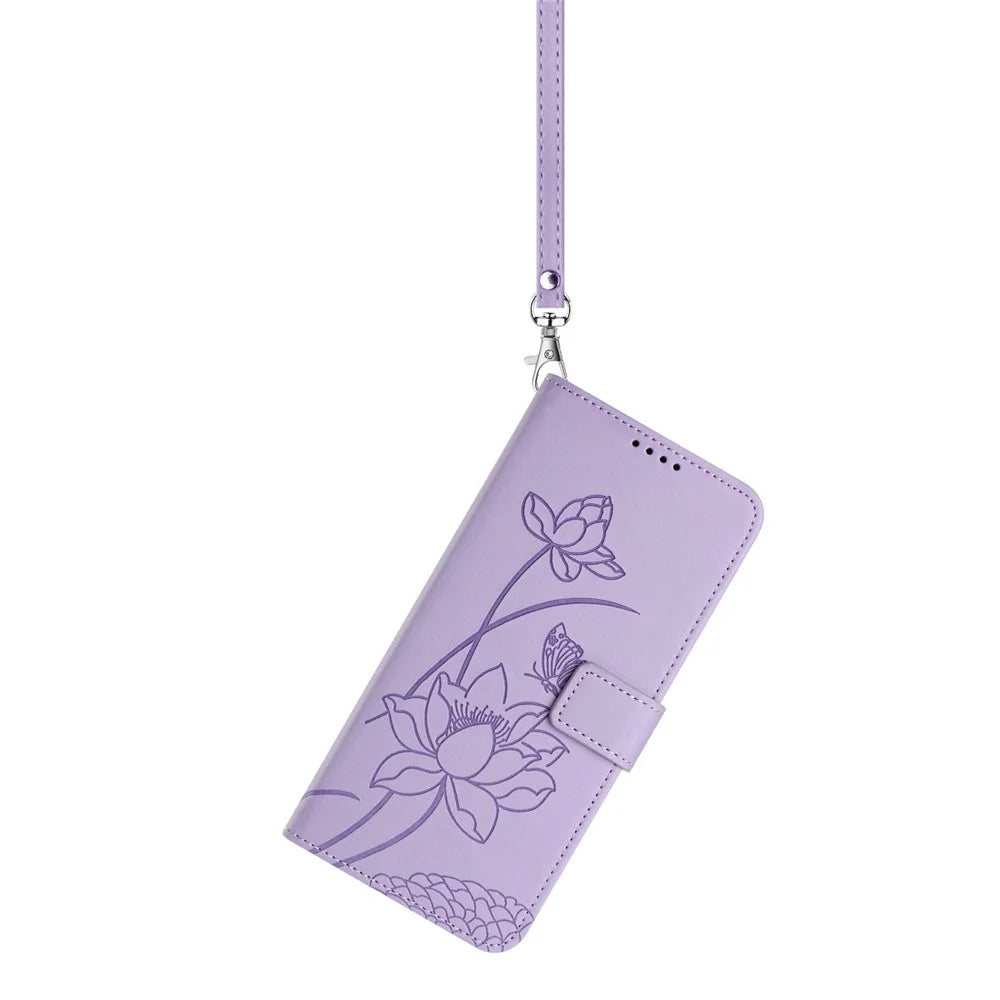 For Sony Xperia 10 VII Case Wallet Stand Lotus Imprint Leather Phone Cover with Wrist Strap - Purple - 3
