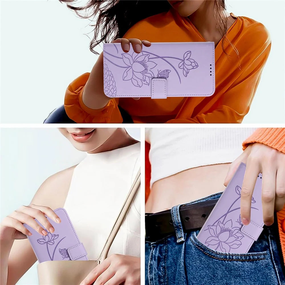 For Sony Xperia 10 VII Case Wallet Stand Lotus Imprint Leather Phone Cover with Wrist Strap - Purple - 6