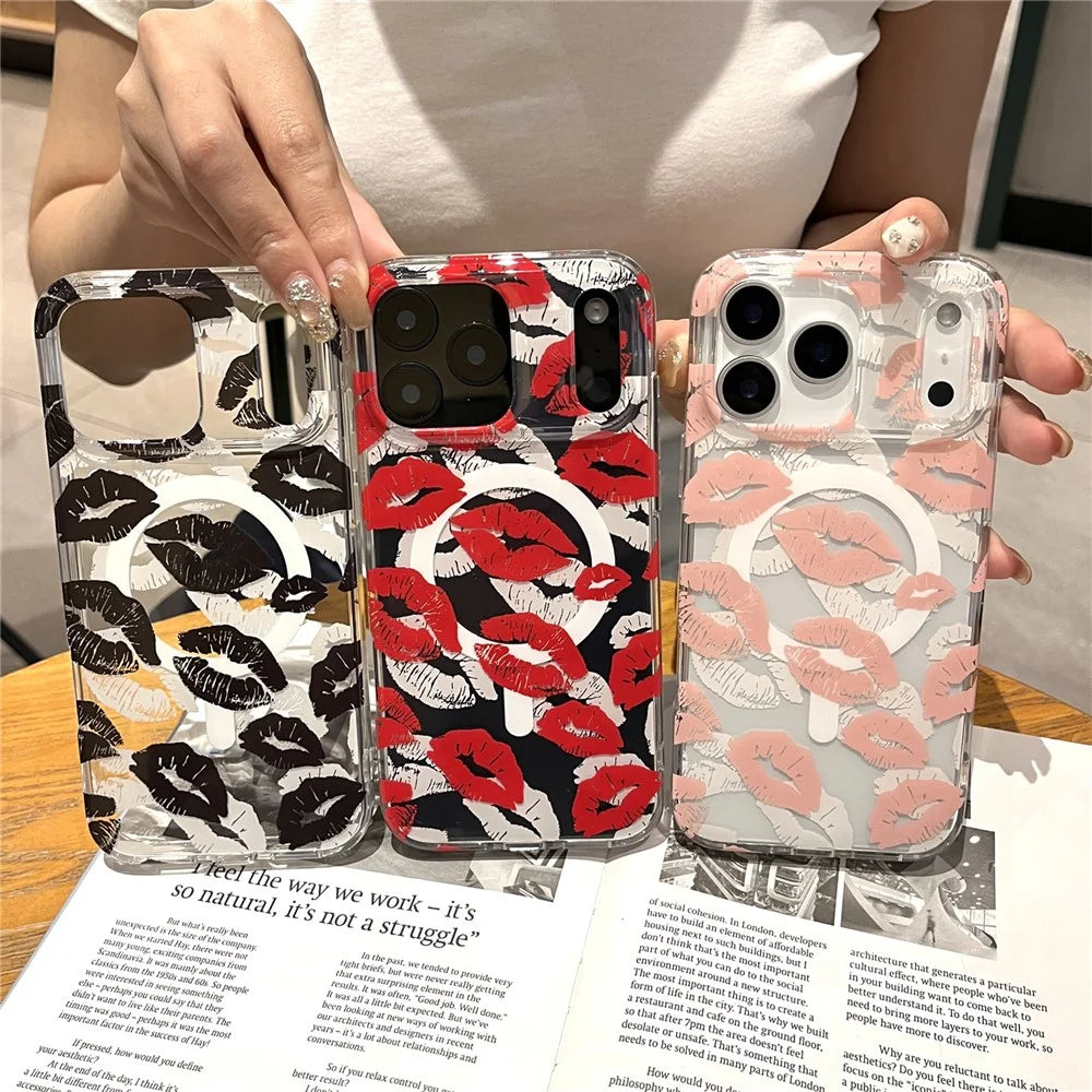 For iPhone 17 Pro Max Case Compatible with MagSafe IMD Lip Print Pattern TPU PC Phone Back Cover - Pink - 6