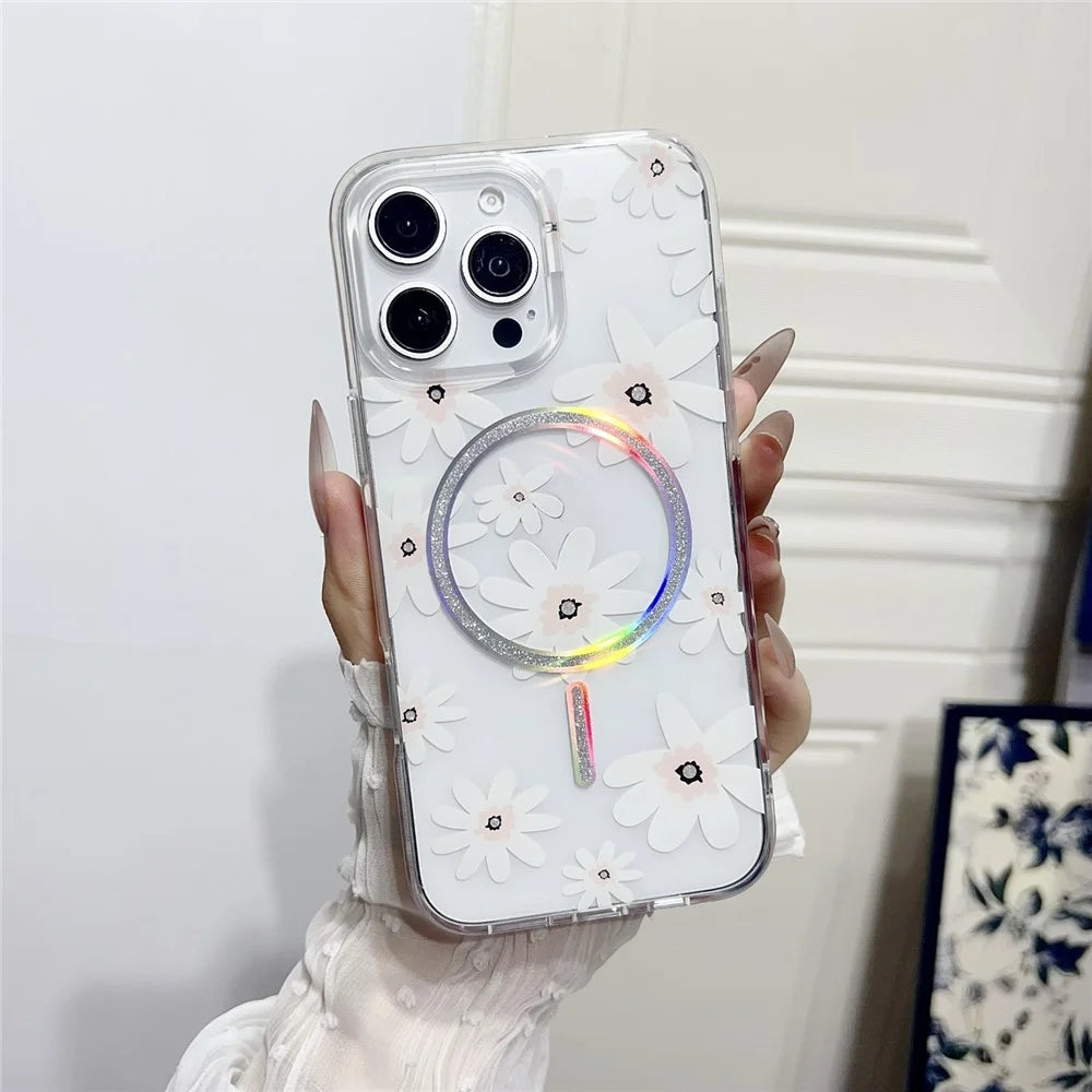 For iPhone 16 Pro Max Case Compatible with MagSafe Laser Floral IMD TPU PC Phone Back Cover - White Flowers - 2